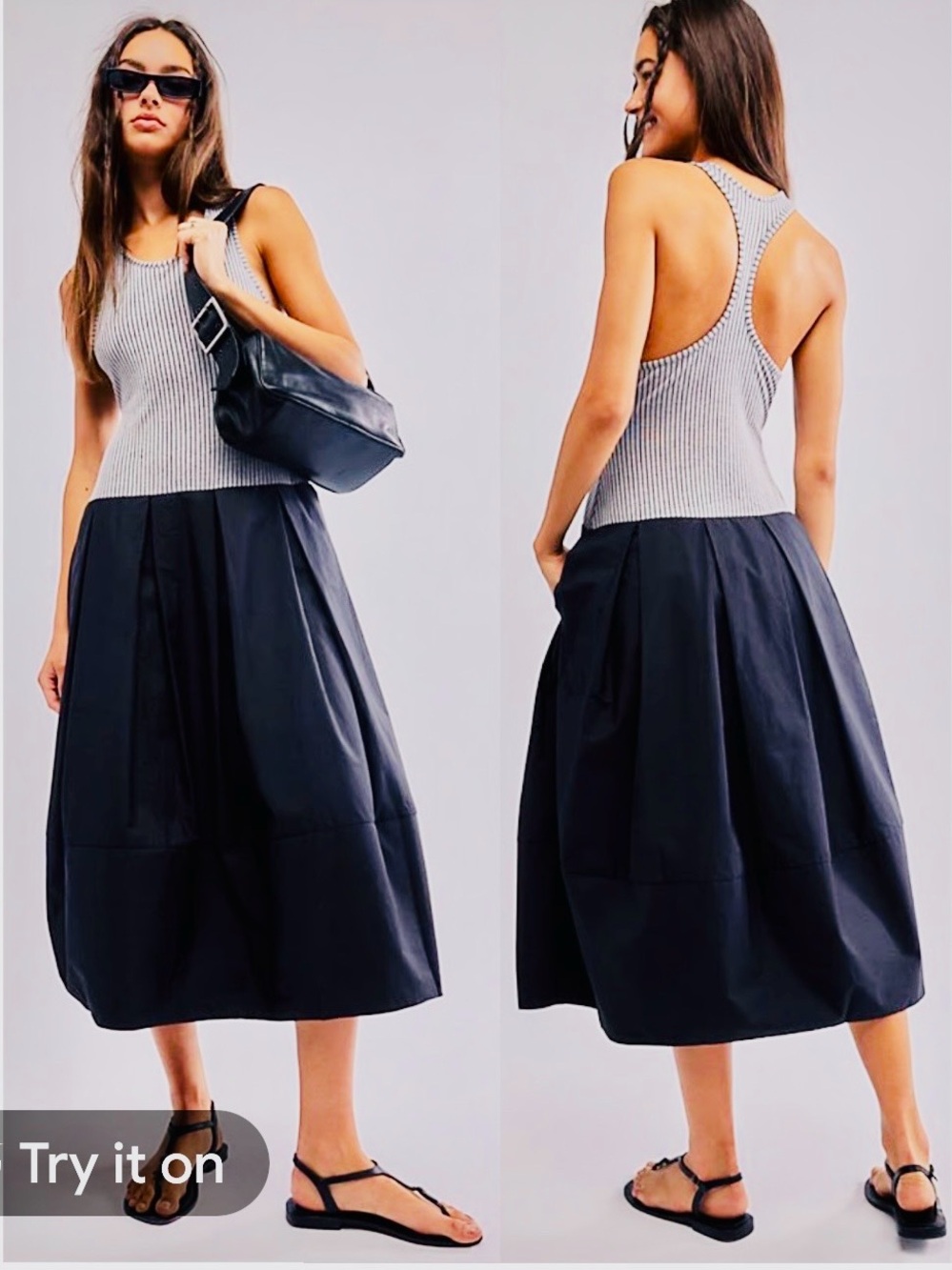 Free People gray and black Ribbed Racerback Top with black A-Line Midi Skirt